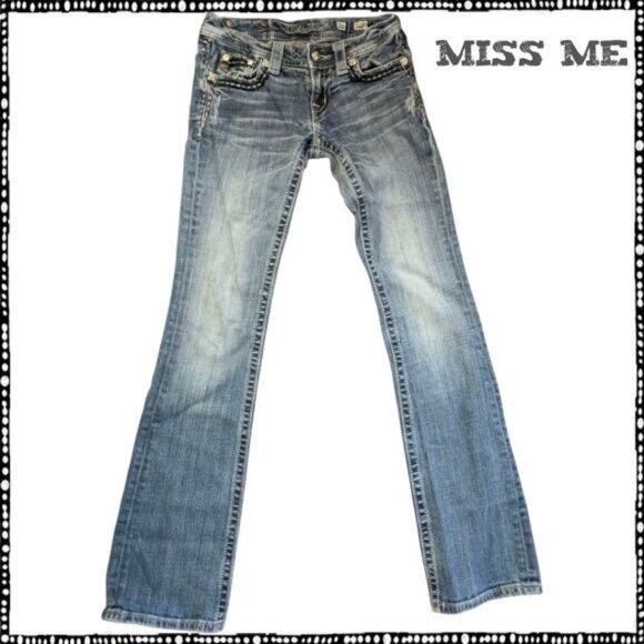 MISS ME Boot Cut Blue Jeans Low Rise Rhinestone Pockets Y2K Denim Women's 26/32 - Picture 2 of 8